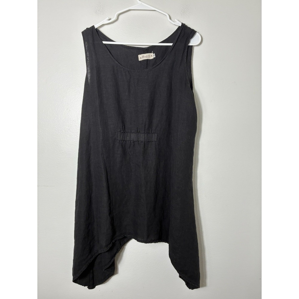 Bodle 100% Linen Tunic Top Sz M Black Lagenlook Shark Bite Hem Art To Wear